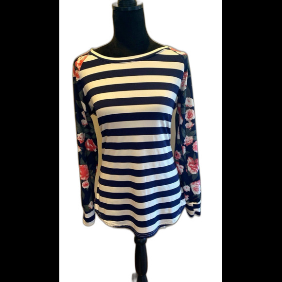 Fashion Blouse Size ? Medium Wide Navy & White Stripes Floral Sleeves Unique Top - Picture 1 of 9